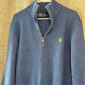 Ralph Lauren Men's XL Blue Heavy Cotton Logo Pullover 1/4 Zip Sweater.